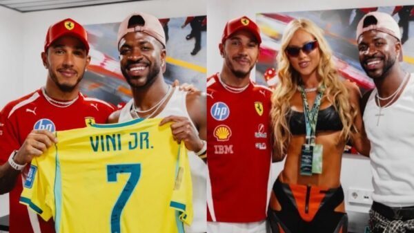 Lewis Hamilton posa com Vini Jr., mas ignora Virginia
