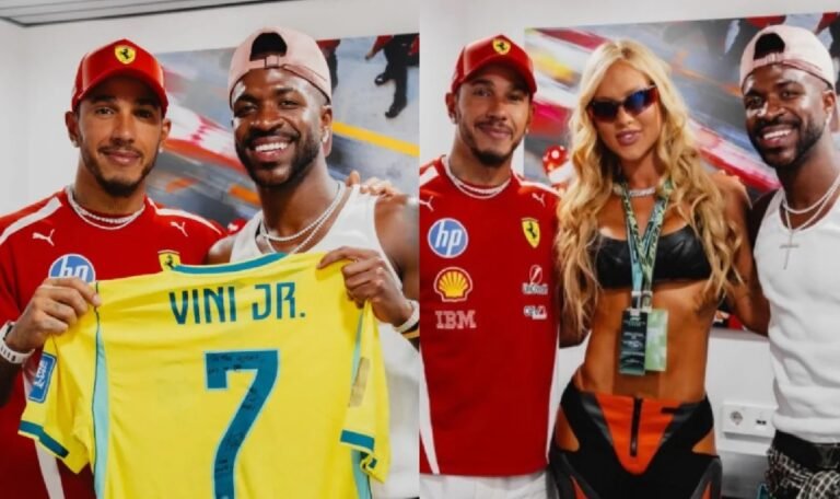 Lewis Hamilton posa com Vini Jr., mas ignora Virginia