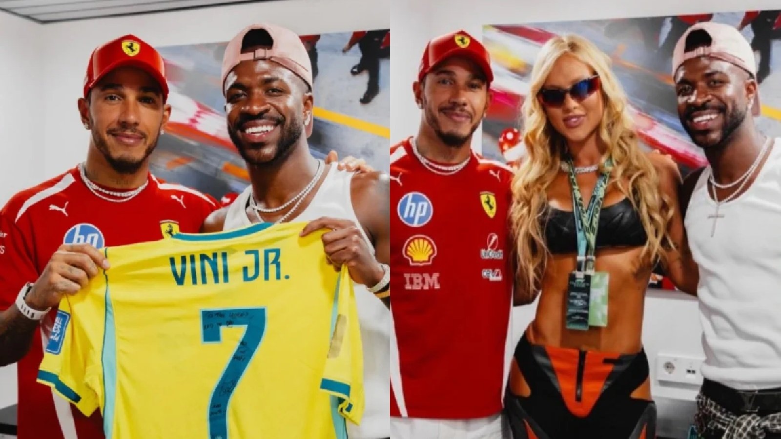 Lewis Hamilton posa com Vini Jr., mas ignora Virginia