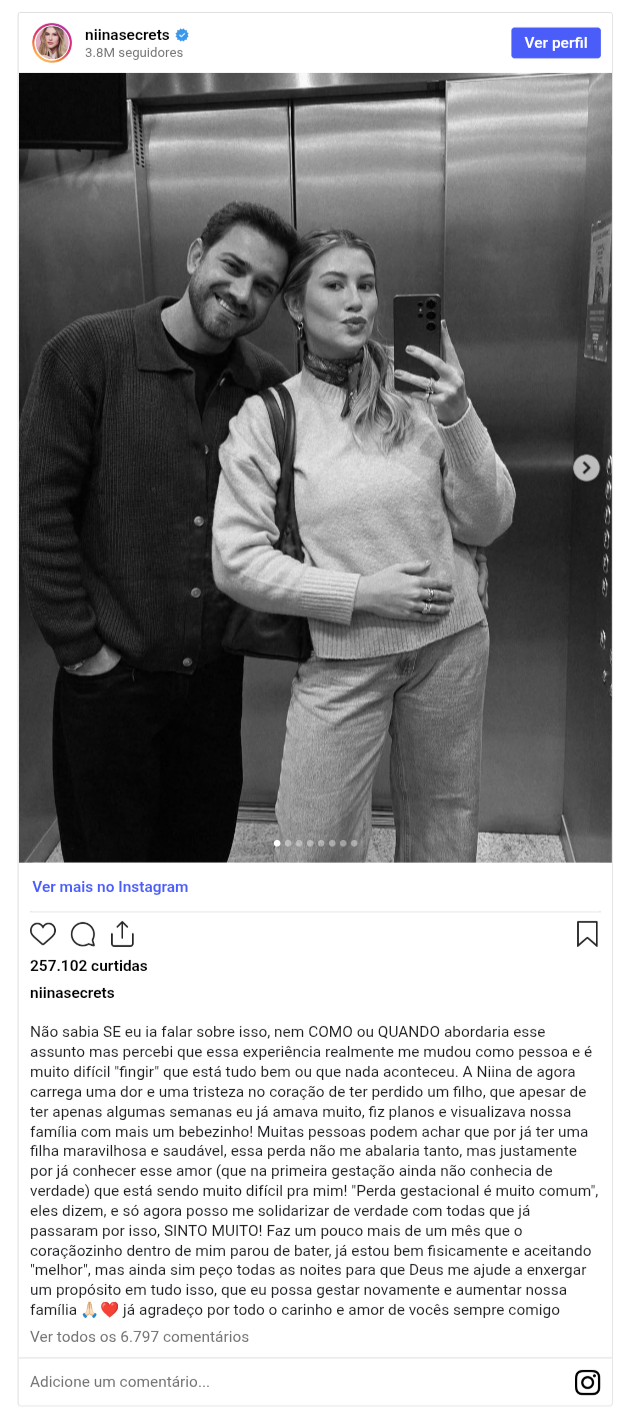 Niina Secrets revela perda gestacional e desabafa: “Tristeza no coração”