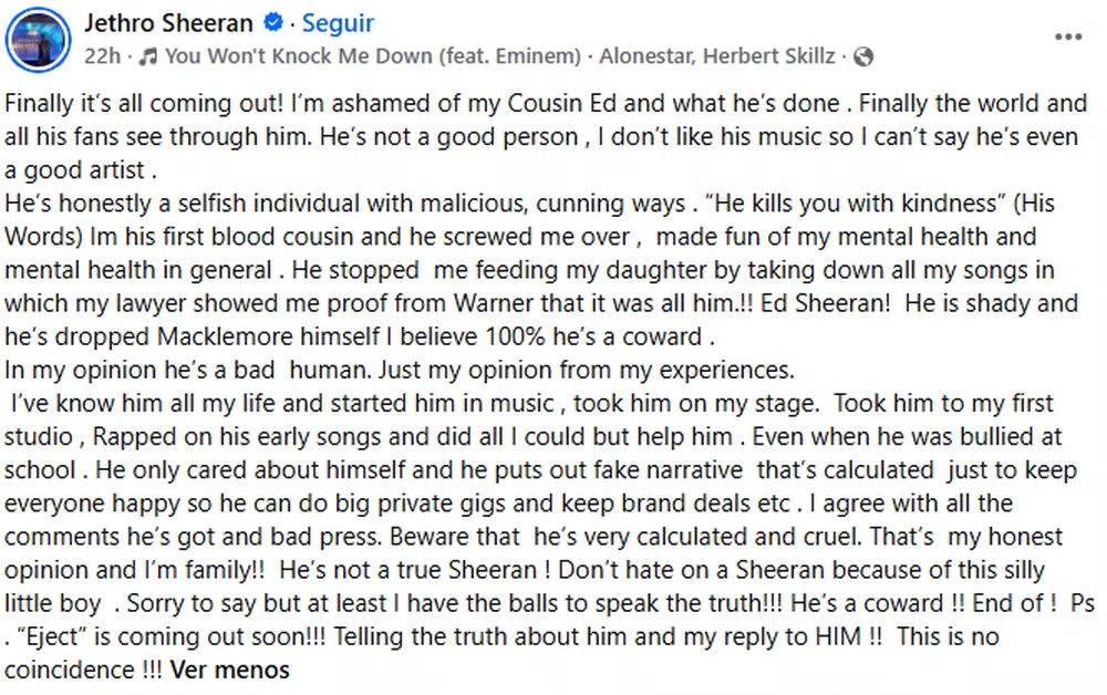 Primo de Ed Sheeran detona o cantor em meio à polêmica com a turnê: 'Ele é uma pessoa ruim' 48 Primo de Ed Sheeran detona o cantor em meio à polêmica com a turnê: 'Ele é uma pessoa ruim'