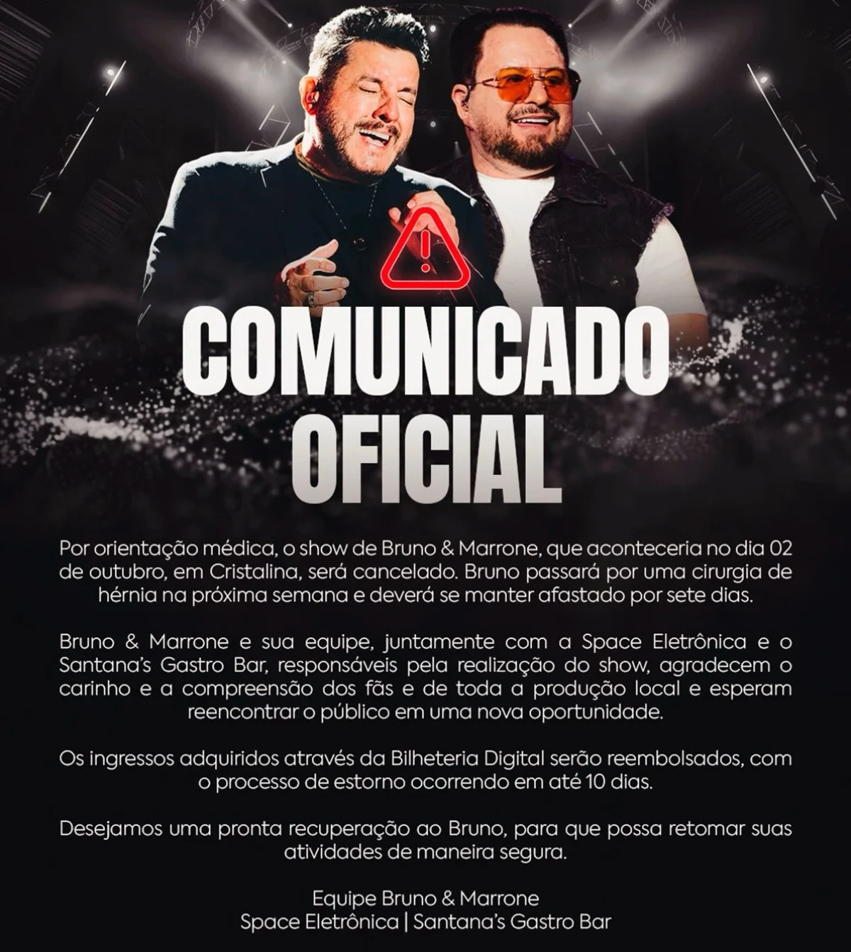 Bruno, da dupla com Marrone, cancela show devido a cirurgia