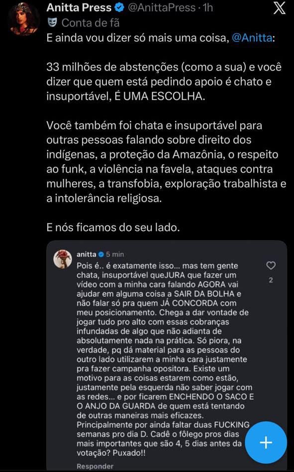 Anitta explica por que não pedirá votos para Lula no segundo turno: “Ficam enchendo o saco” 47 Anitta explica por que não pedirá votos para Lula no segundo turno: “Ficam enchendo o saco”