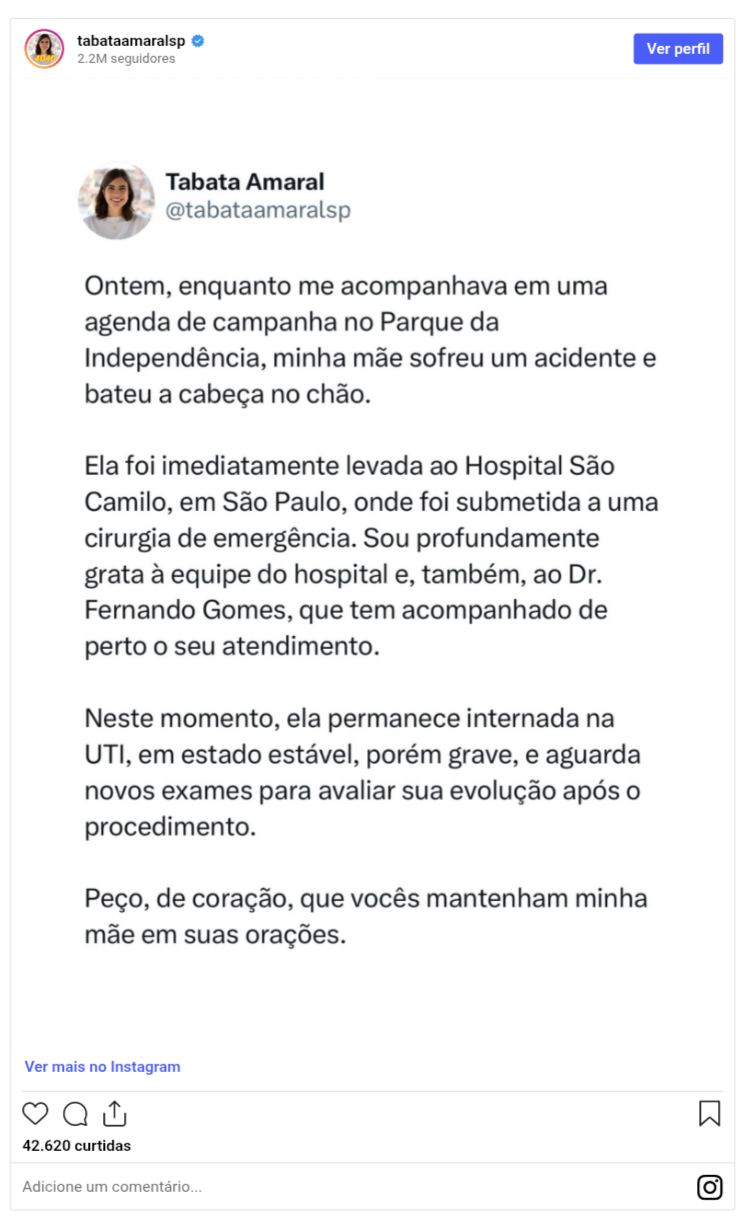 Mãe de Tabata Amaral é internada em estado grave após acidente durante evento de campanha 47 Mãe de Tabata Amaral é internada em estado grave após acidente durante evento de campanha