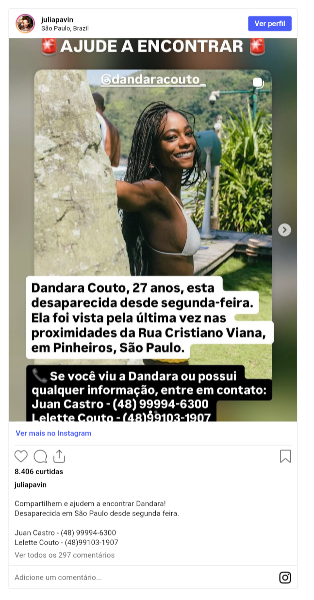 Modelo Dandara Couto desaparece em São Paulo e mobiliza amigos e famosos