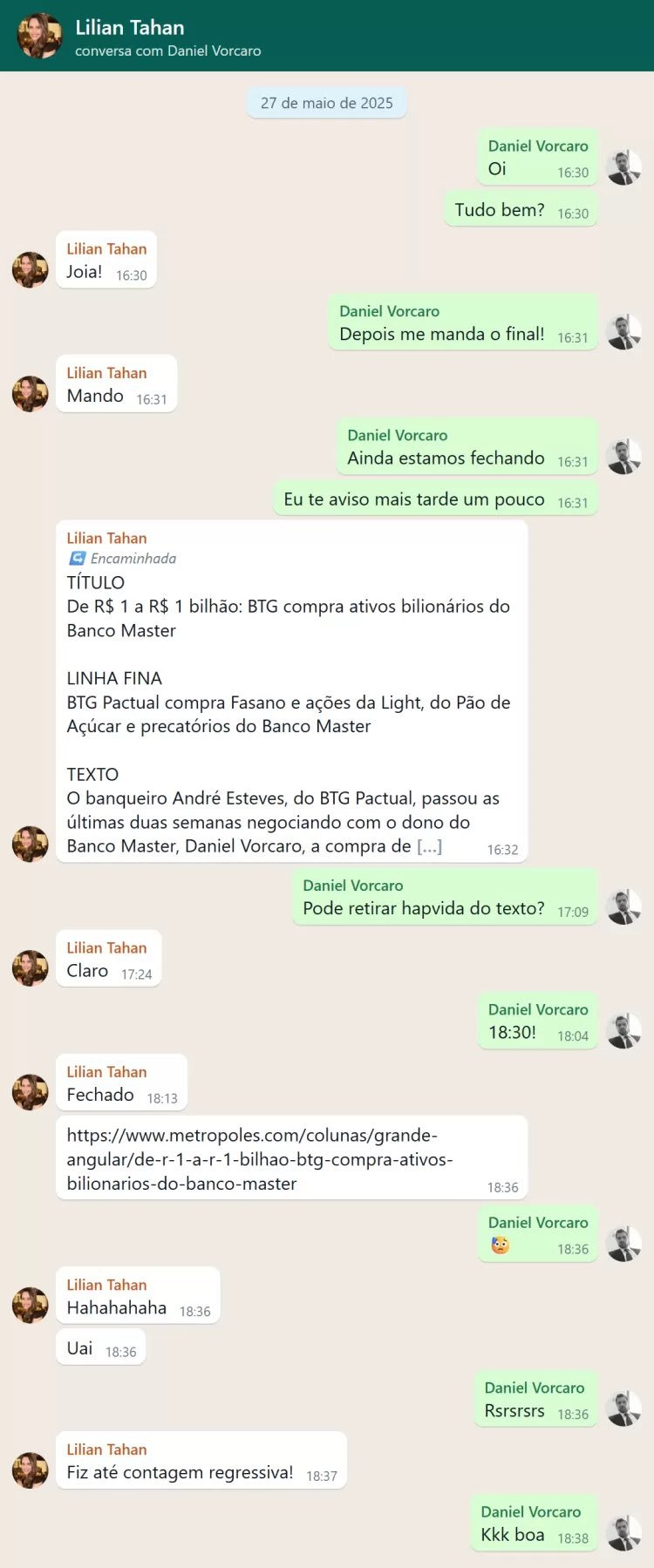 Mensagens revelam que Daniel Vorcaro interferia em reportagens do Metrópoles antes da publicação 47 Mensagens revelam que Daniel Vorcaro interferia em reportagens do Metrópoles antes da publicação