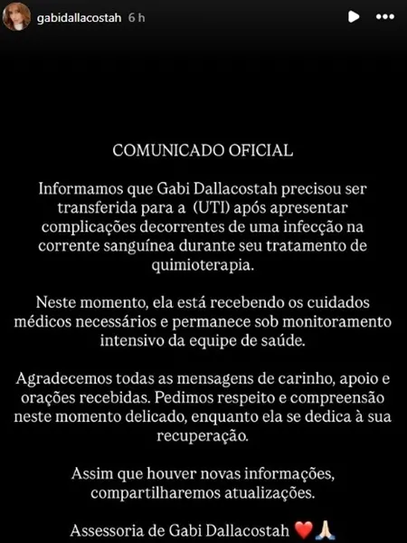 Atriz Gabi Dallacostah é internada na UTI durante tratamento contra câncer de mama