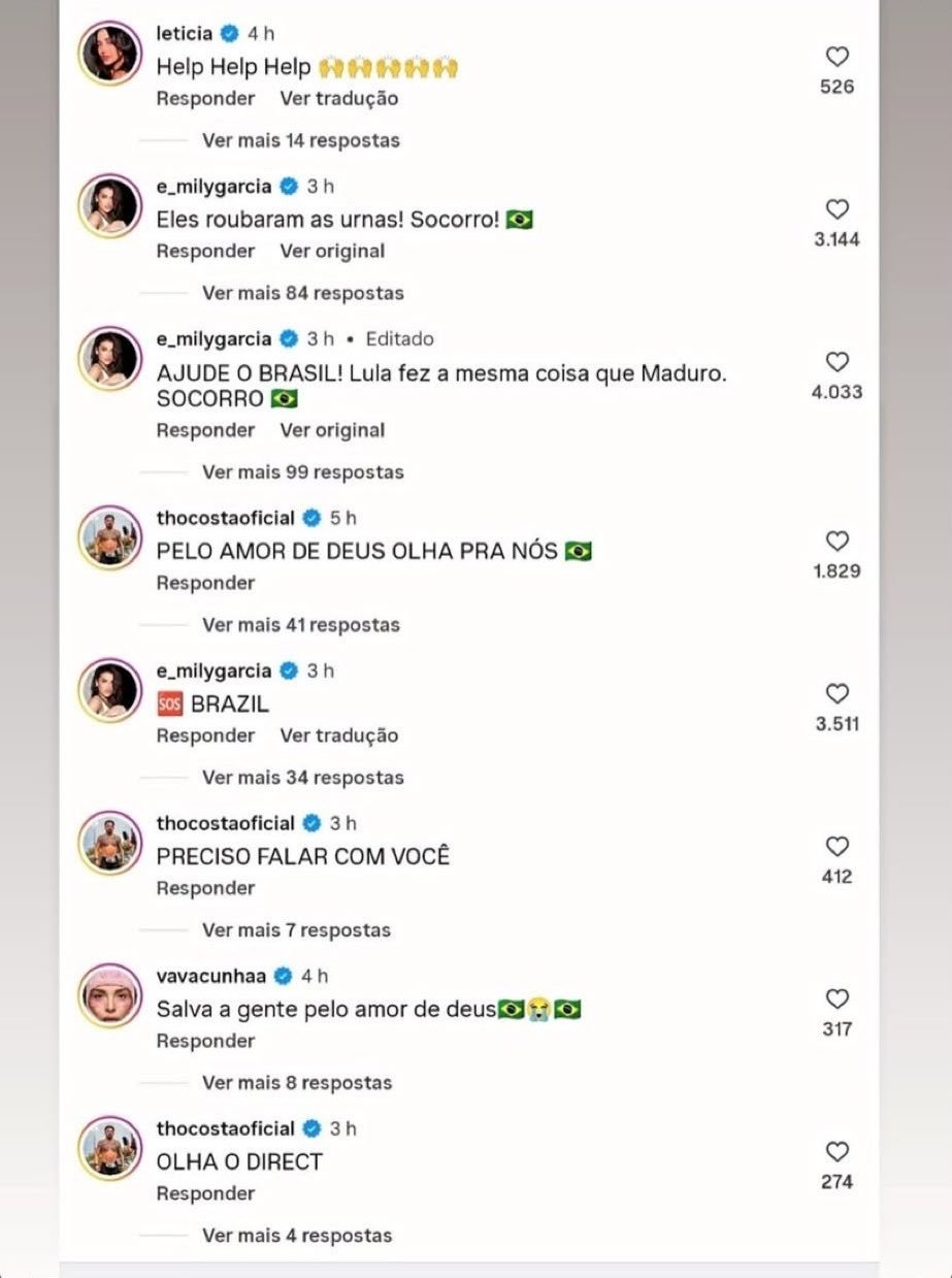 Influenciadores brasileiros pedem ajuda a Trump após vitória de Lula; veja o que disseram 48 Influenciadores brasileiros pedem ajuda a Trump após vitória de Lula; veja o que disseram