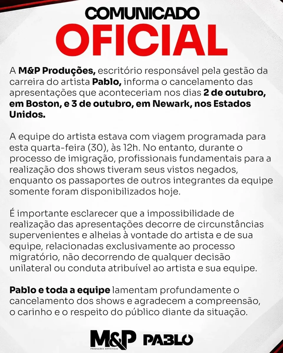 Pablo se manifesta após ser acusado de calote por cancelar shows nos EUA
