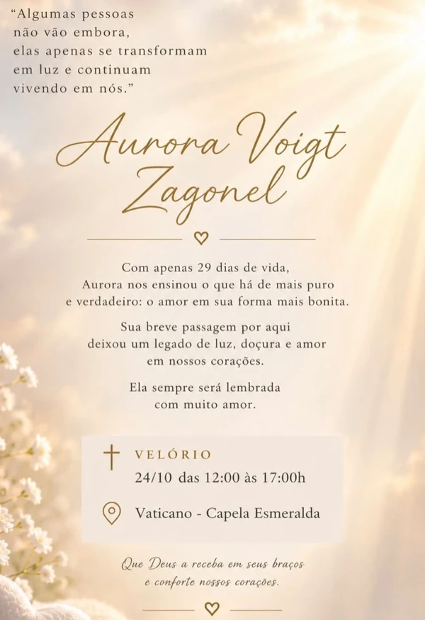 Marcelo Zagonel lamenta a morte da filha Aurora, aos 29 dias de vida